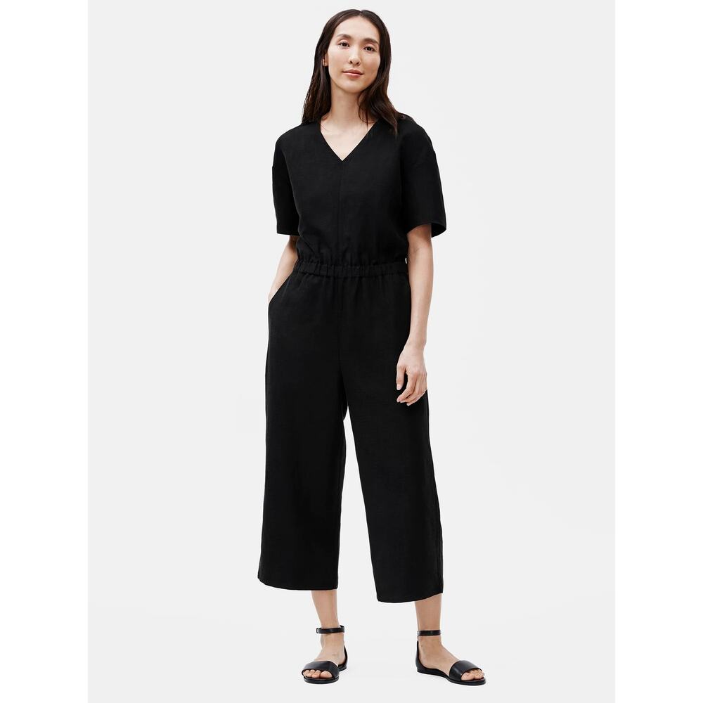 Eileen Fisher Black Tencel & Organic Linen Slub Wide Leg Jumpsuit, Medium